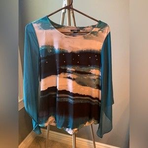 Alfani Shirt Medium Women Beaded Front. Blue Black. Flare Long Sleeves